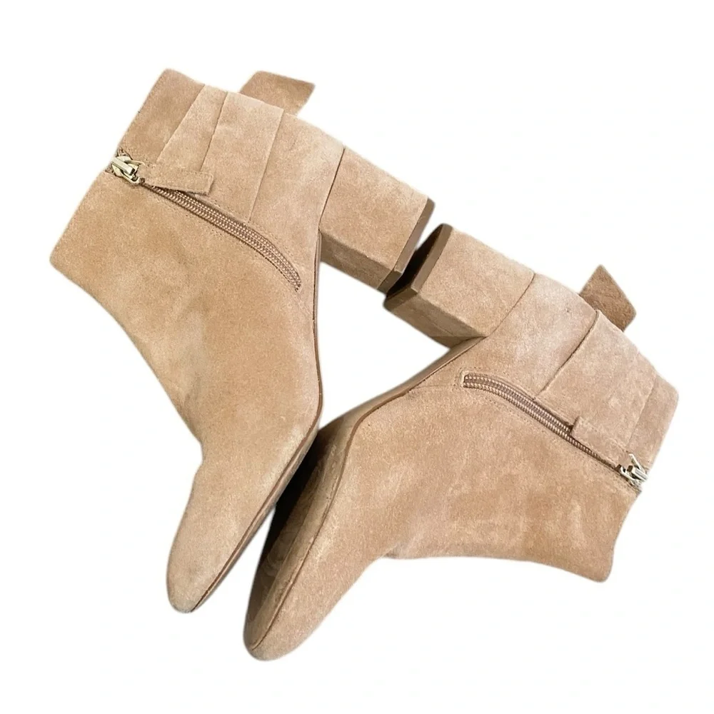 Talbots 100% leather suede ankle tan zip up booties folded bow round toe size 6